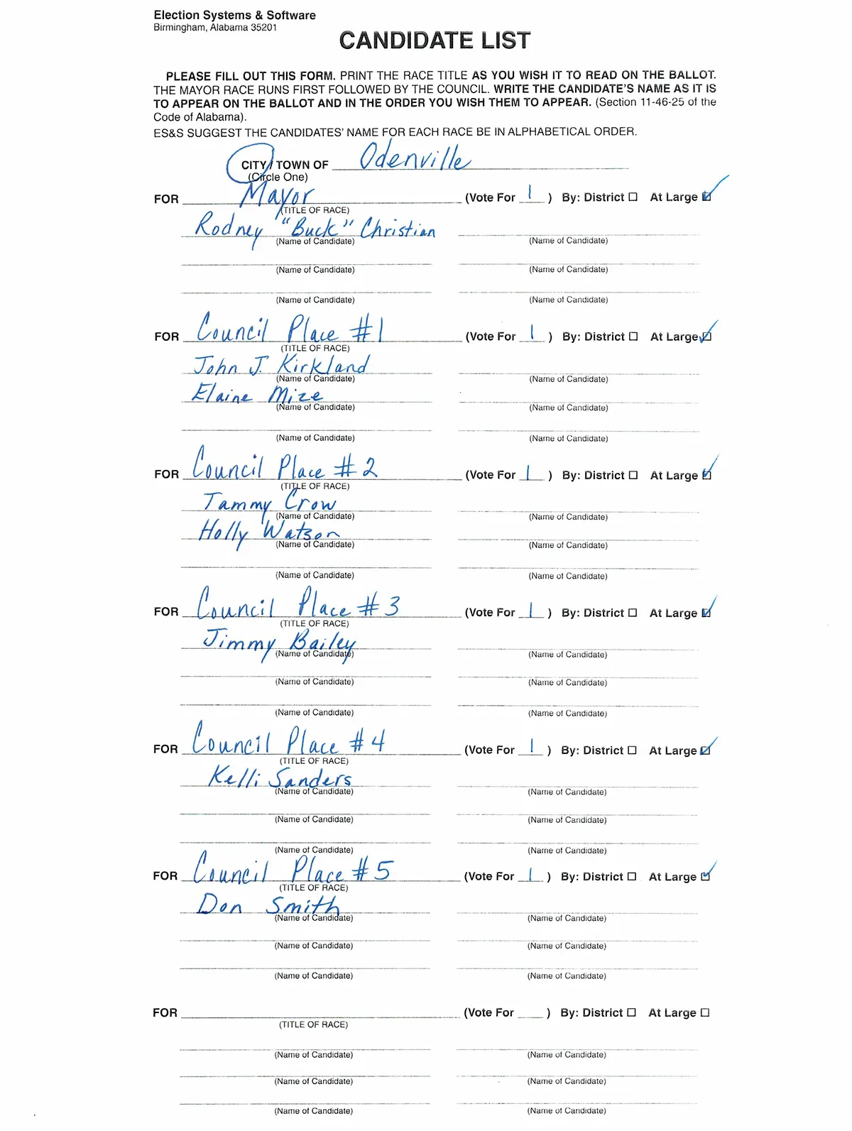 Candidate List for Posting06252025_0001 City of Odenville Qualified Candidates List for Municipal Elections - Odenville, Alabama