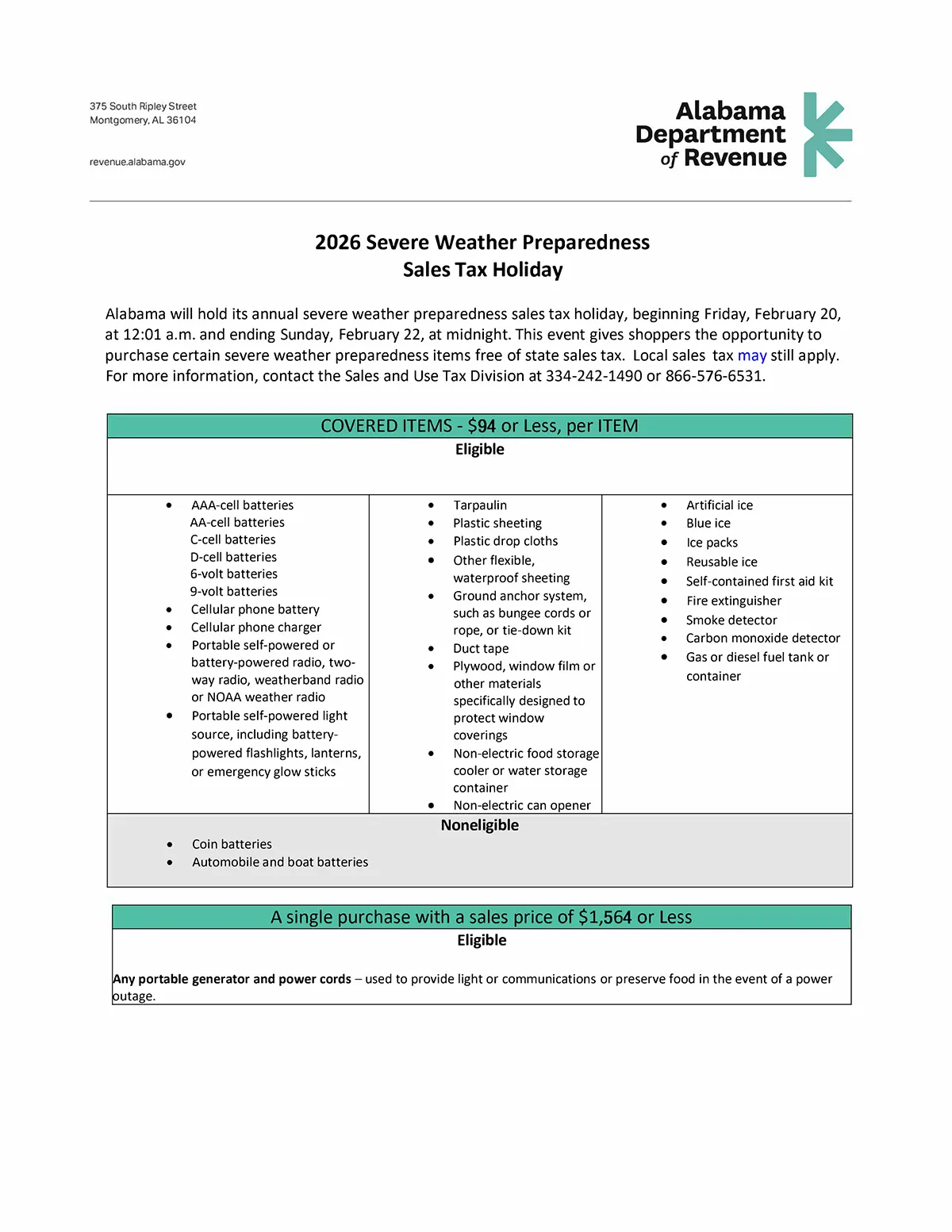 City of Odenville encourages residents to take advantage of the Alabama Severe Weather Preparedness Sales Tax Holiday, February 20-22, 2026.