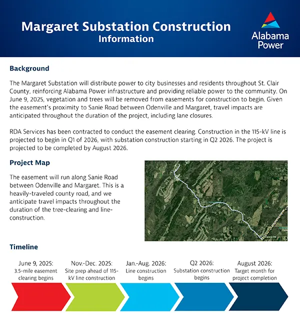 Public Service Announcement Margaret Substation Construction Information Please be aware of anticipated travel impact throughout the duration of tree-clearing and line-construction.