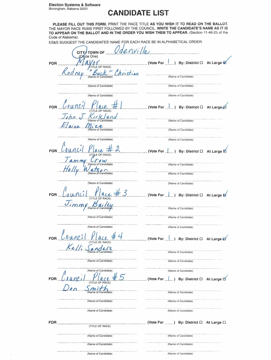 City of Odenville Qualified Candidates List for Municipal Elections - Odenville, Alabama