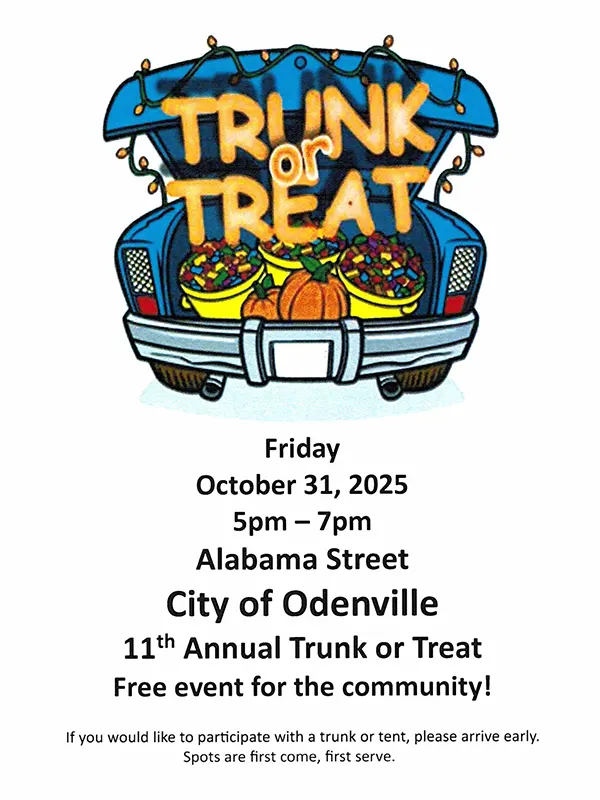 Odenville Downtown Trunk or Treat Set for Halloween Night! A Fun, Safe Family Event and Great Opportunity for Local Businesses. Odenville’s