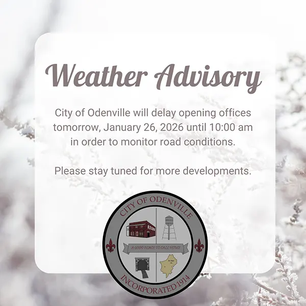 City of Odenville will delay opening offices tomorrow, January 26, 2026 until 10:00 am in order to monitor road conditions. Please stay tuned for more developments.