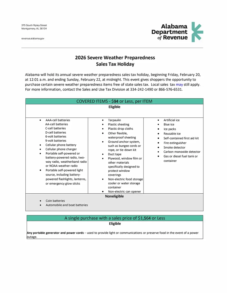 City of Odenville encourages residents to take advantage of the Alabama Severe Weather Preparedness Sales Tax Holiday, February 20-22, 2026.
